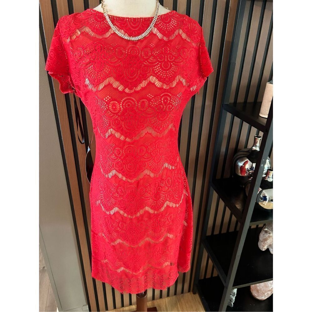 Bebe nudue red beige lace low back floral stretch bodycon top dress medium NWT